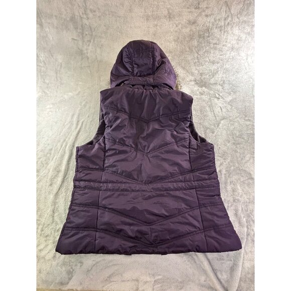 New York & Company Vest Women's Medium Purple Hooded Puffer Vest w/ Faux Fur Tri - Picture 9 of 9